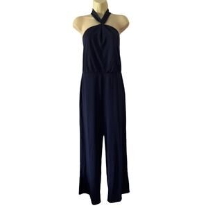 Grace Karin Navy Blue Knit Halter Jumpsuit Woman Large One Piece Dressing